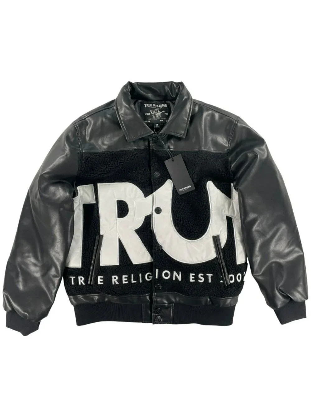 True Religion Jacket PU Sherpa Bomber With Distressed Detailing Men's Size S NEW